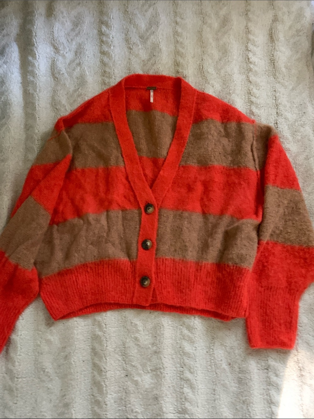 Free People Orange and Brown Striped V-Neck Button Cardigan